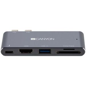 CANYON DS-5 Multiport Docking Station with 5 port, with Thunderbolt 3 Dual type C male port, 1*Thunderbolt 3 female+1*HDMI+1*USB3.0+1*SD+1*TF. Input 100-240V, Output USB-C PD100W and USB-A 5V/1A, Aluminium alloy, Space gray, 90*41*11mm, 0.04kg