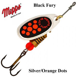 Sukriukė Mepps Black Fury Silver Orange Dots 6.5 g