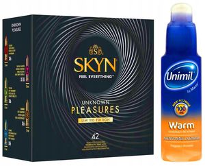 Prezervatyvai SKYN Unknown Pleasures + Unimil Warm Lubrikantas 100 ml