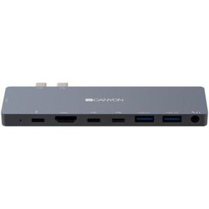CANYON DS-8 Multiport Docking Station with 8 port, 1*Type C PD100W+2*Type C data+2*HDMI+2*USB3.0+1*Audio. Input 100-240V, Output USB-C PD100W and USB-A 5V/1A, Aluminium alloy, Space gray, 135*48*10mm, 0.056kg