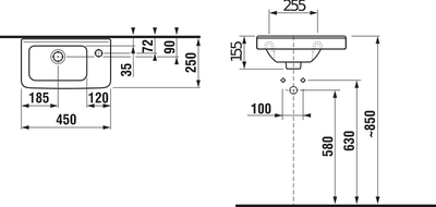 Mažas asimetrinis praustuvas Jika CUBITO 45x25 cm su montavimo rink., anga maišytuvui dešinėje