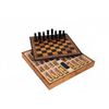Klasikinių medinių šachmatų komplektas su odos pakaitalo žaidimų lenta. Su šaškių komplektu.