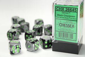 Chessex Gemini 16mm d6 with pips Dice Blocks (12 Dice) - Black-Grey w/green