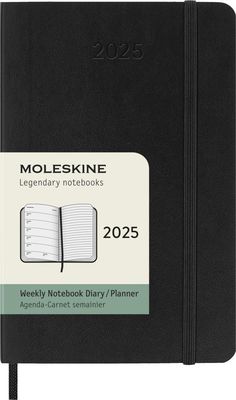 Kalender-märkmik Moleskine 2025 9x14cm, nädal, pehmed kaaned, must