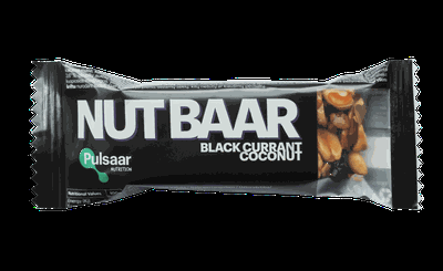 “PULSAAR Nutrition” NUT BAAR batonėlis su juodaisiais serbentais, šokoladu, kokosais ir riešutais. 40 g.