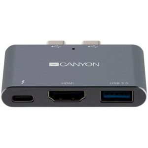 CANYON DS-1 Multiport Docking Station with 3 port, with Thunderbolt 3 Dual type C male port, 1*Thunderbolt 3 female+1*HDMI+1*USB3.0. Input 100-240V, Output USB-C PD100W and USB-A 5V/1A, Aluminium alloy, Space gray, 59*35.5*10mm, 0.028kg