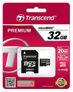 Transcend MicroSDHC 32GB + Adapteris / Class 10