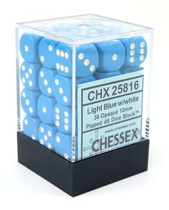 Chessex Opaque 12mm d6 with pips Dice Blocks (36 Dice) - Light Blue w/white