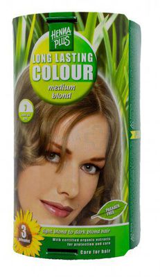 HENNAPLUS plaukų dažai ilgalaikiai su 9 ekologiškais augaliniais ekstraktais spalva vidutinė blondinė 7