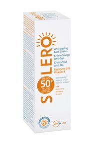 Solero veido kremas SPF50+ odos senėjimą lėtinantis veido kremas (labai didelė apsauga nuo saulės poveikio) Kofermentas Q10 + vitaminas E.