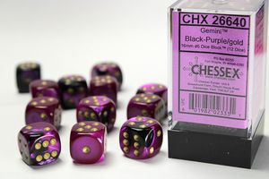 Chessex Gemini 16mm d6 with pips Dice Blocks (12 Dice) - Black-Purple w/gold