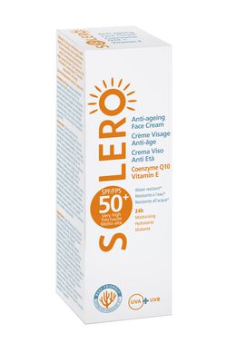 Solero veido kremas SPF50+ odos senėjimą lėtinantis veido kremas (labai didelė apsauga nuo saulės poveikio) Kofermentas Q10 + vitaminas E.