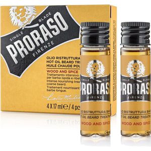 Proraso Wood &amp; Spice Hot Oil Beard Treatment Karštas aliejus barzdos priežiūrai, 4x17 ml