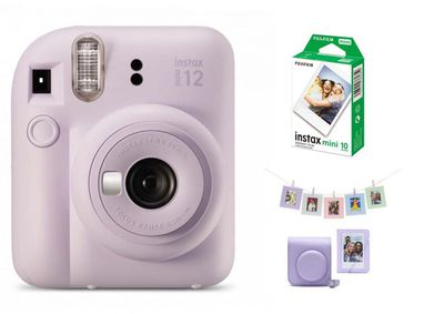 Momentinis fotoaparatas instax mini 12 LILAC PURPLE + PRIEDŲ rinkinys (DĖKLAS, ALBUMAS, RĖMELIAI SU SEGTUKAIS) + instax mini glossy (10pl)