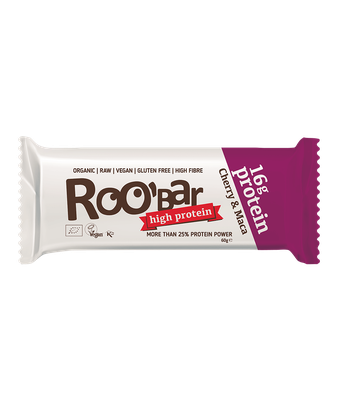 Ekologiškas baltyminis batonėlis su vyšniomis ir maca – Roobar
