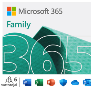 Taikomųjų programų Microsoft 365 Family (Word, Excel, PowerPoint, OneNote, Outlook, Publisher, Access) ir jo papildomo internetinio serviso, skirta nekomercinei veiklai, 1 metų naudojimo prenumerata 5 įrenginiams, elektroninis produkto raktas EU rinkai, Angl. k.,