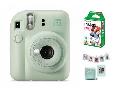 Momentinis fotoaparatas instax mini 12 MINT GREEN + PRIEDŲ rinkinys (DĖKLAS, ALBUMAS, RĖMELIAI SU SEGTUKAIS) + instax mini glossy (10pl)