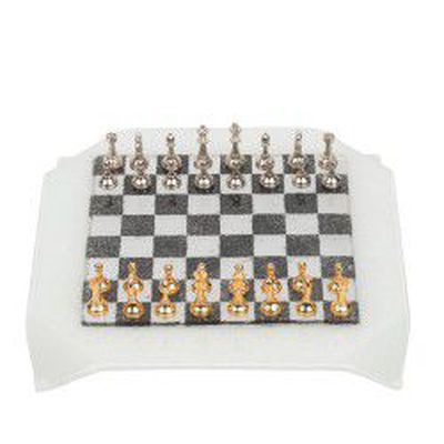 Miniatiūriniai AUKSINIAI ir SIDABRINIAI šachmatai su Murano stiklo žaidimų lenta N°235