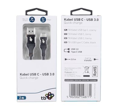 TB Cable USB 3.0-USB C 2m PREMIUM 3A black TPE