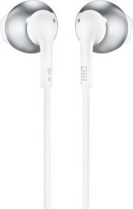 JBL T205 Chrome Earbud headphones | 1-button remote with microphone | Tangle-free flat cable