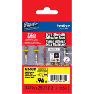 Brother | TZe-S631 Strong Adhesive Laminated Tape | Black on Yellow | TZe | 8 m | 1.2 cm