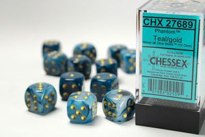 Chessex 16mm d6 with pips Dice Blocks (12 Dice) - Phantom Teal/gold