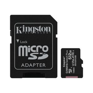 Atminties kortelė Kingston Canvas Select Plus 512 GB, Micro SD, Flash memory class 10, SD adapter