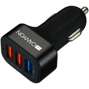CANYON C-07 Universal 3xUSB car adapter(1 USB with Quick Charger QC3.0), Input 12-24V, Output USB/5V-2.1A+QC3.0/5V-2.4A and 9V-2A and 12V-1.5A, with Smart IC, black rubber coating+black metal ring+QC3.0 port with blue/other ports in orange, 66*35.2*25.1mm, 0.025