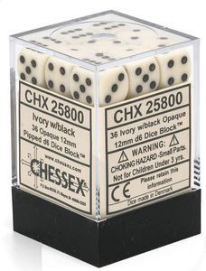 Chessex Opaque 12mm d6 with pips Dice Blocks (36 Dice) - Ivory w/black
