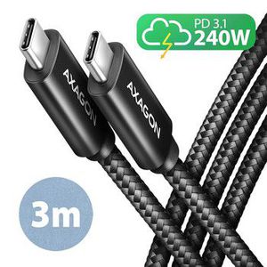Axagon Data and charging USB 480Mbps cable length 3 m. PD 240W, 5A. Black braided.