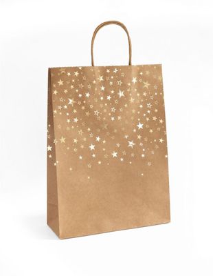 Popierinis maišelis Kraft, auksinės žvaigždės, 33x10x24cm