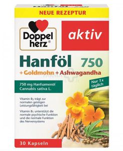 Maisto papildas DOPPELHERZ aktiv Hanfol 750 + Goldmohn + Ashwagandha kapsulės N30