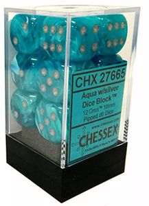 Chessex Cirrus 16mm d6 with pips Dice Blocks (12 Dice) - Aqua w/silver