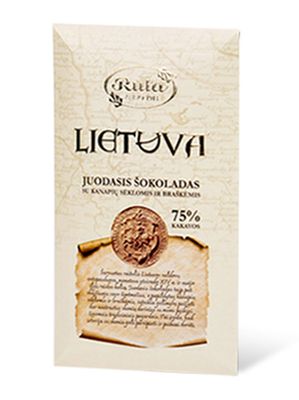 Rūta Juodasis šokoladas 75% su kanapių sėklomis ir braškėmis "Lietuva" 90g.