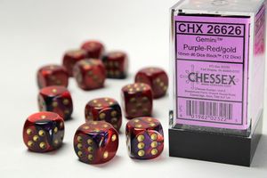 Chessex Gemini 16mm d6 with pips Dice Blocks (12 Dice) - Purple-Red/gold