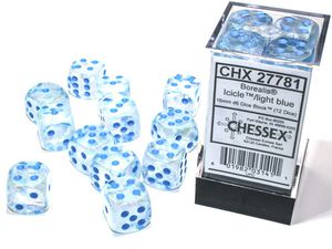 Chessex Borealis 16mm d6 with pips Dice Blocks (12 Dice) - Luminary Icicle/Light blue