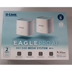 SALE OUT. D-Link M15-2 EAGLE PRO AI AX1500 Mesh System D-Link EAGLE PRO AI AX1500 Mesh System M15-2 (2-pack) 802.11ax 1200+300 Mbit/s 10/100/1000 Mbit/s Ethernet LAN (RJ-45) ports 1 Mesh Support Yes MU-MiMO Yes No mobile broadband Antenna type 2 x 2.4G WLAN Internal Antenna, 2 x 5G WLAN Internal Antenna UNPACKED, SCRATCHED ON TOP | EAGLE PRO AI AX1500 Mesh System | M15-2 (2-pack) | 802.11ax | 1200+300  Mbit/s | 10/100/1000 Mbit/s | Ethernet LAN (RJ-45) ports 1 | Mesh Support Yes | MU-MiMO Yes | No mobile broadband | Antenna type 2 x 2.4G WLAN Internal Antenna, 2 x 5G WLAN Internal Antenna | UNPACKED, SCRATCHED ON TOP