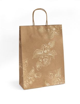 Popierinis maišelis Kraft, auksinės gėlės, 33x10x24cm