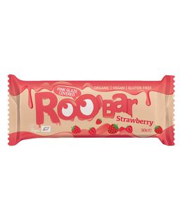 Ekologiškas batonėlis su braškėmis aplietas rožiniu šokoladu – Roobar