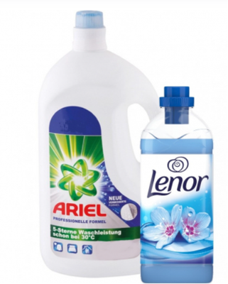 Skalbimo gelio Ariel Color 3,85l ir skalbinių minkštiklio Lenor Spring Awakening 1,8l komplektas